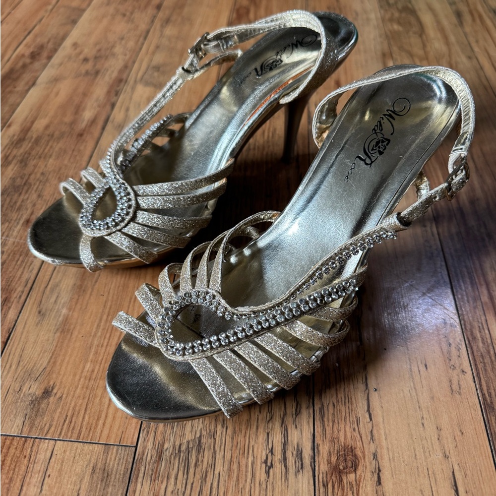 2000s Gold glittery strappy heels with rhinestones